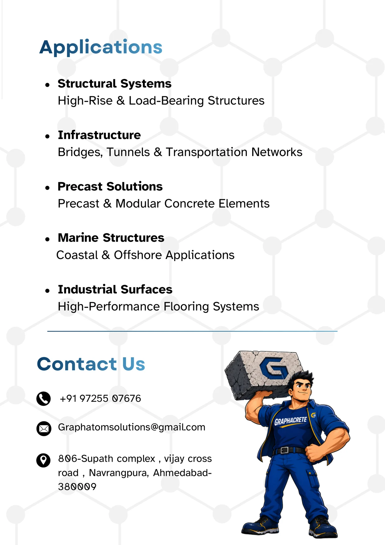 Graphacrete brochure, page 4: applications and contact